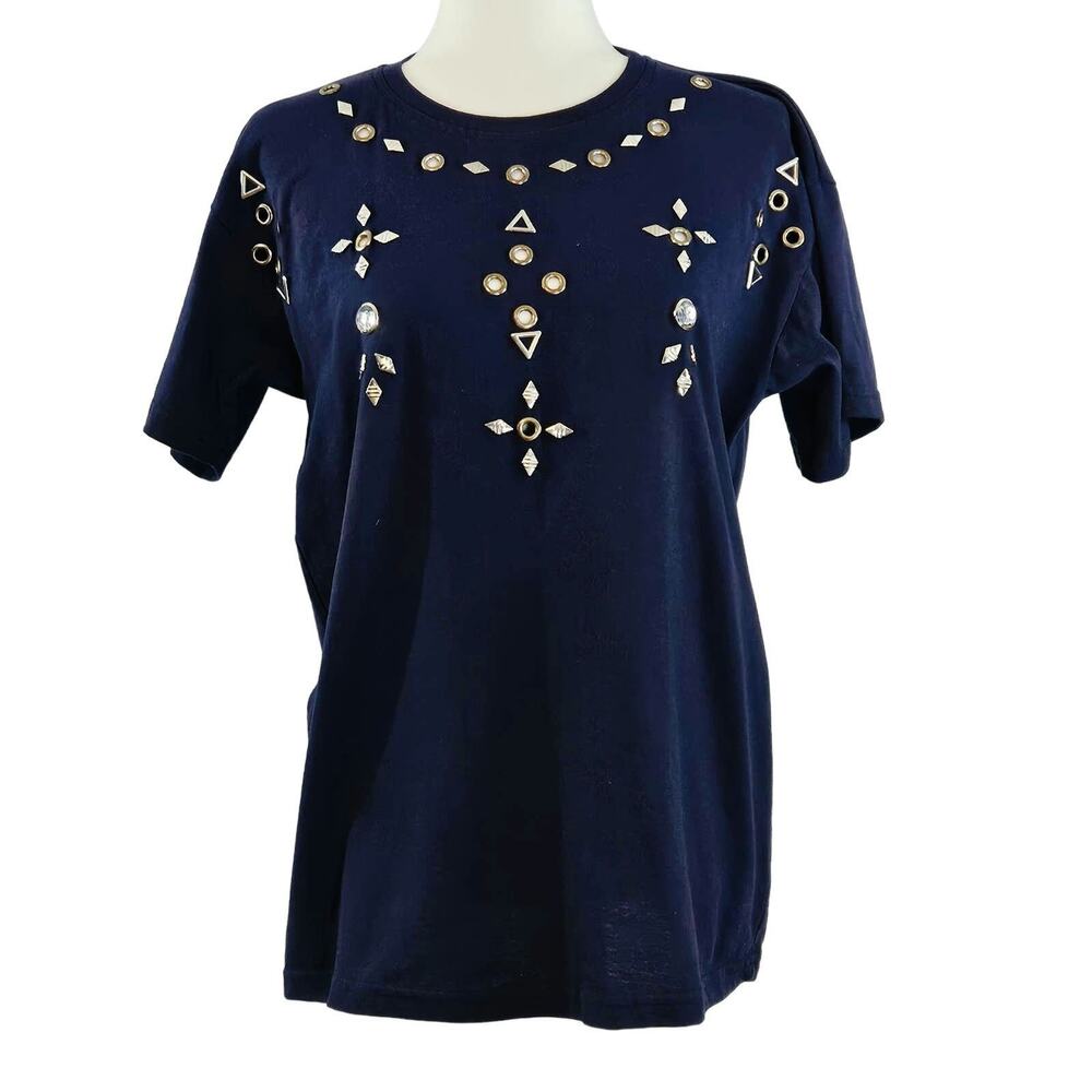 Basic Editions Embellished Geometric Crystal Rivet Crewneck Tee‎ Navy Blue S VTG